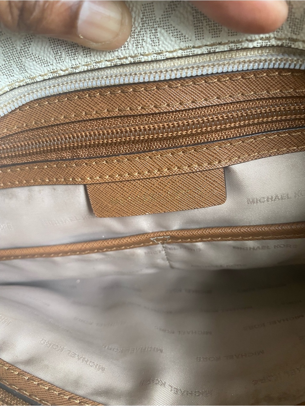 Michael Kors Cream MK Monogram Tote with Brown Trim - Picture 3 of 4